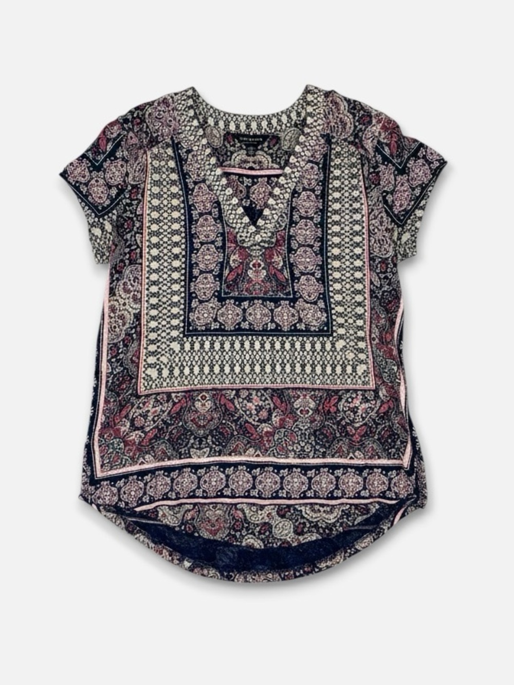 LUCKY BRAND V Neck‎ Paisley T Shirt XS Navy Pink Cap Sleeve Boho Casual